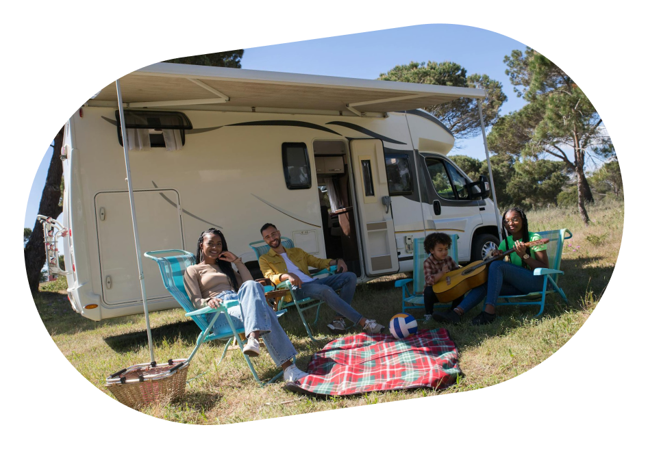 Illustrative image of people enjoying in front of a campervan, depicting outdoor leisure